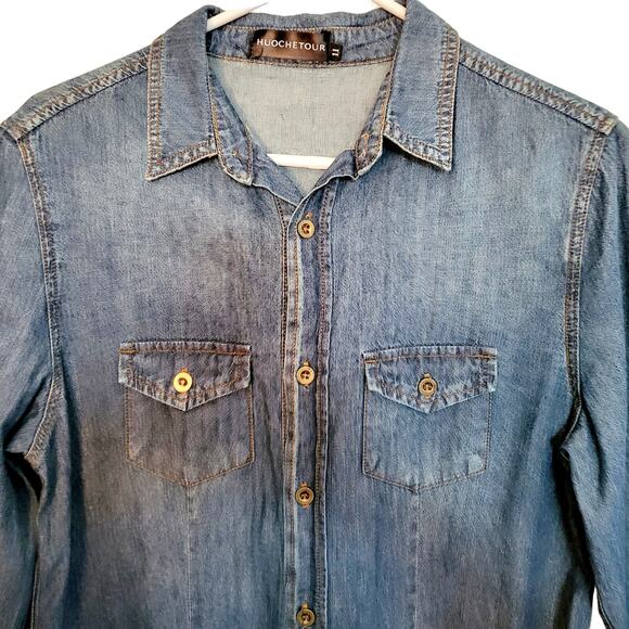 Huochetour Blue Med Wash Denim Button-up Long-sleeved Jean Dress Women Size 11 - Picture 3 of 9
